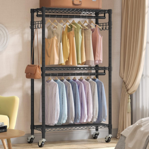 Adjustable Heavy Duty Metal Rolling Clothes Rack w/Hooks