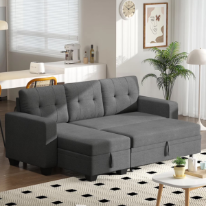 Linen Reversible Sectional Sofa Bed w/Storage Chaise
