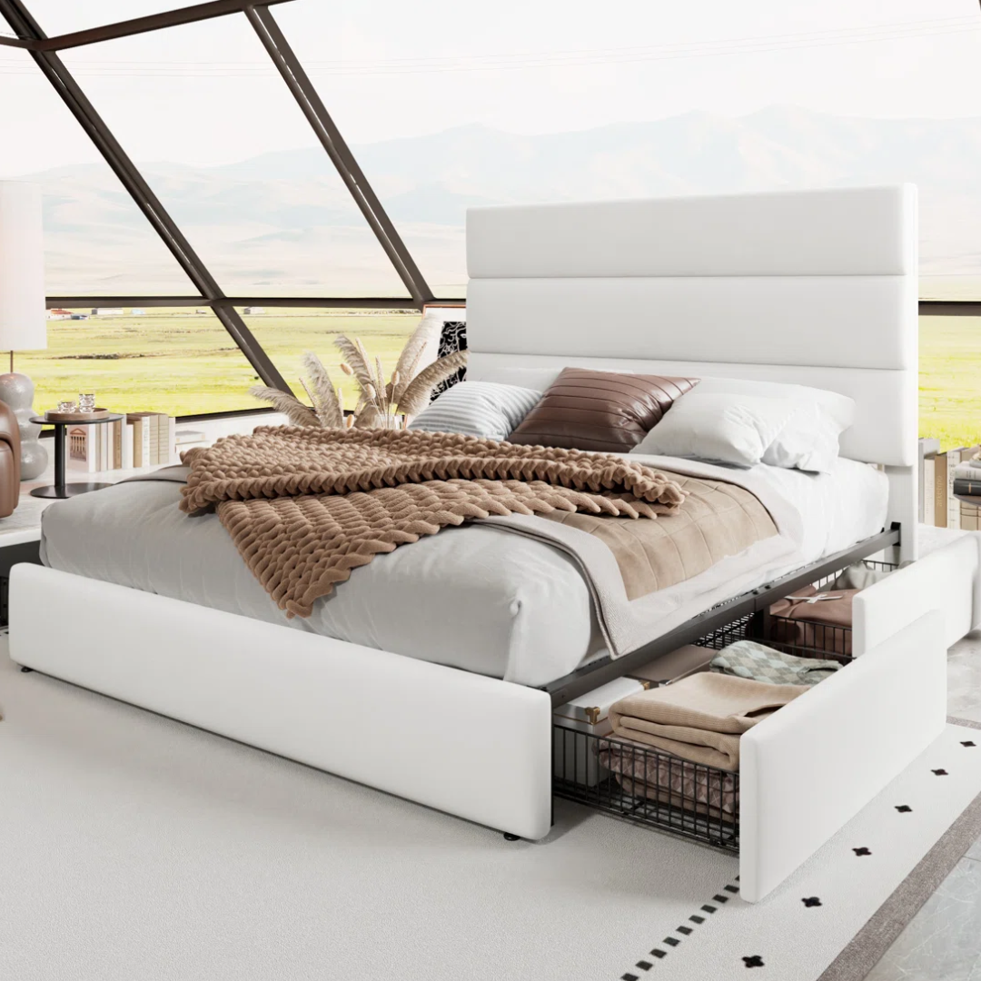 Platform Queen Storage Bed w/Wooden Slats & Headboard