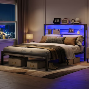 LED Queen Bed w/Headboard Shelf