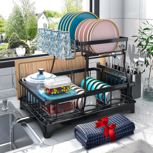 2-Tier Dish Drying Rack w/Auto-Drain & Mat