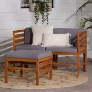 Walker Edison 3-Piece Acacia Wood Chair & Ottoman Set