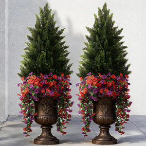 2-Pack 3' Artificial Cedar Topiary Trees w/Silk Flowers