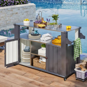 Outdoor Rolling Grill Table w/Storage