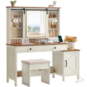LED Mirror Vanity Desk w/Drawers & Charging Station