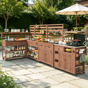 Wood 4-Piece Rolling Outdoor Kitchen Island