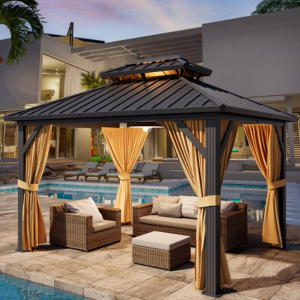 Double Roof 12' Aluminum Hardtop Gazebo w/Curtains