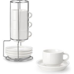 4-Count Porcelain Stackable Cups & Saucers Set