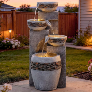4-Tier Pedestal Outdoor Water Fountain w/Pump & LED