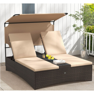 2-Person Rattan Daybed w/Backrests & Cushions