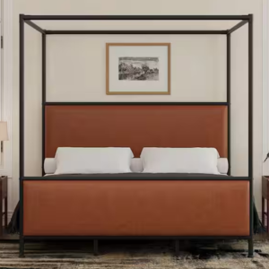 Metal King Canopy Bed w/Faux Leather Headboard
