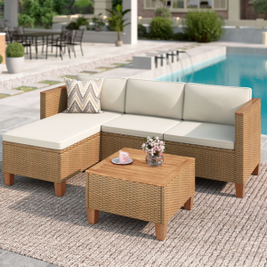 3-Piece Patio Rattan Wicker Conversation Set w/Acacia Table