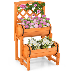 2-Tier Wood Raised Garden Bed w/Trellis