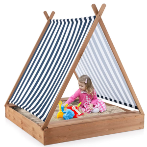 Costway Kid's Wood Sandbox w/Canopy Tent & 2 Bench