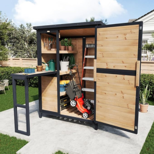Fir Wood Outdoor Storage Shed w/Foldable Workbench