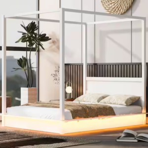 Wood Frame Queen Canopy Bed w/Light