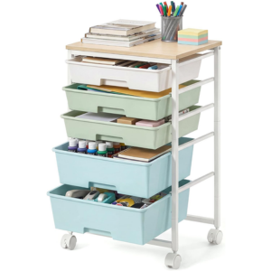 Wood Top 5-Drawer Rolling Storage Cart