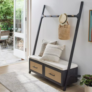 Entryway Hall Tree w/Bench & Rattan Drawers
