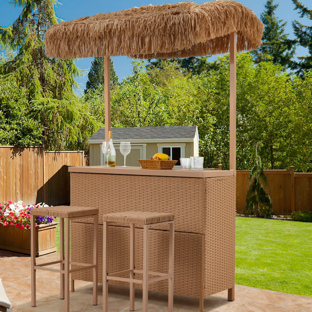 Outdoor Wicker Tiki Bar Set w/ 2 Stools