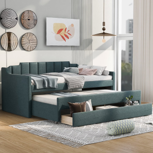 Upholstered Twin Daybed w/Trundle & Drawer