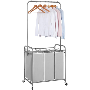 3-Section Rolling Laundry Sorter w/Hanging Bar
