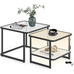 Set of 2 Frosted Glass Nesting Tables w/LED Lights