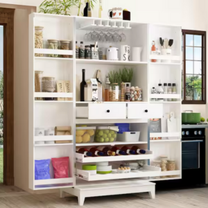 Wood 68'' Storage Cabinet w/Glass Rack & Drawers