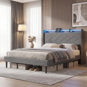 Upholstered King Bed Frame w/LED Lights & Charging Station