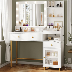 LED Mirror Vanity Desk w/Drawers & Charging Station