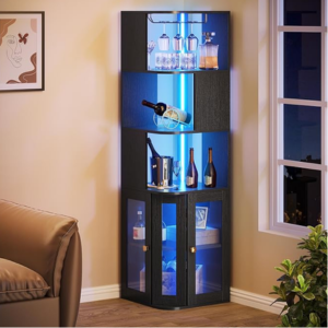 Glass Doors Corner Wine Bar Cabinet w/LED Light