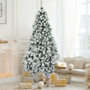 Gymax Snow Flocked 7.5' Pre-Lit Hinged Pine Christmas Tree