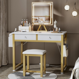 2-Drawer Vanity Desk w/Mirror, Lights, Outlets & Stool