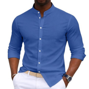 Men's Cotton Long Sleeve Grandad Collar Shirt