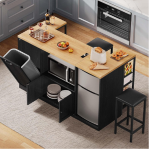 Kitchen Island w/Stools, Storage, Power Outlet, & Trash Cabinet