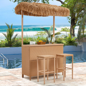 Outdoor Wicker Tiki Bar Set w/ 2 Stools