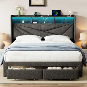 LED King Upholstered Platform Bed Frame w/Storage & USB Ports