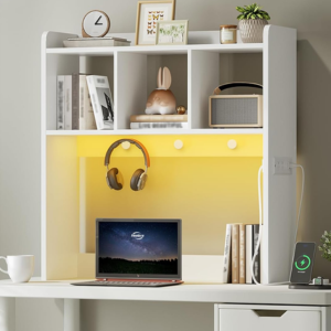 Wood Desktop Bookshelf w/Charging Station & LED Light