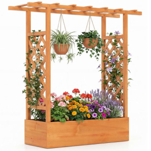 Costway Wood Raised Garden Bed w/Trellis