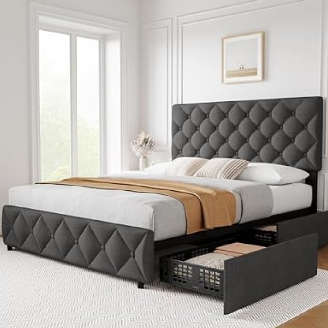 Upholstered Queen Bed Frame w/ Storage Drawers & Headboard