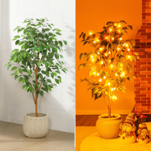 Artificial 4' Lighted Ficus Tree w/Natural Wood Trunk