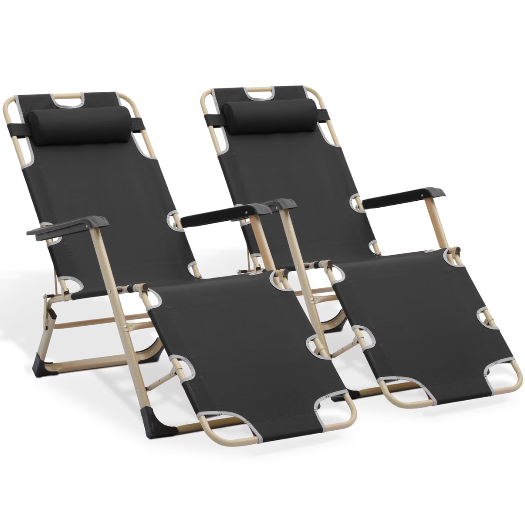 Set-of-2 Folding Lounge Chairs w/ Adjustable Headrest
