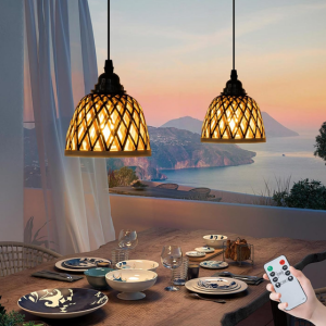 2-Pack Bamboo Battery Operated Outdoor Pendant Lights w/Remote