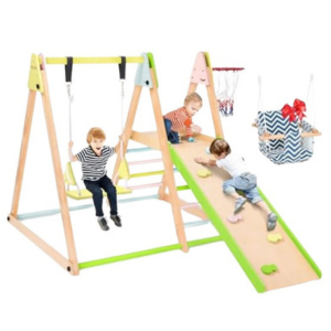 Foldable Indoor Wood 7-in-1 Kid's Jungle Gym w/Swing & Slide