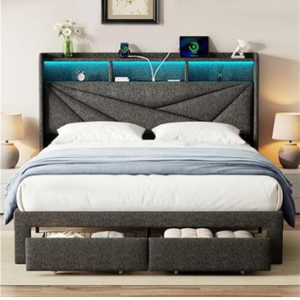 LED King Upholstered Platform Bed Frame w/Storage & USB Ports