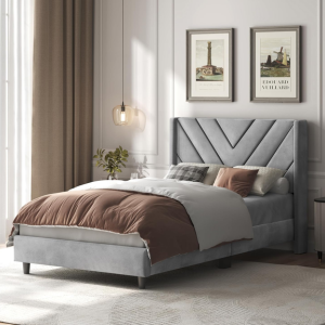 Upholstered Twin Platform Bed Frame w/Tufted Headboard