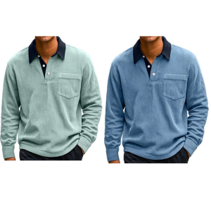 2-Pack Colorblock Corduroy Polo Shirt w/Lapel